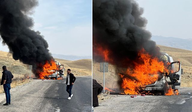 Yolcu minibüsü seyir halindeyken alev aldı