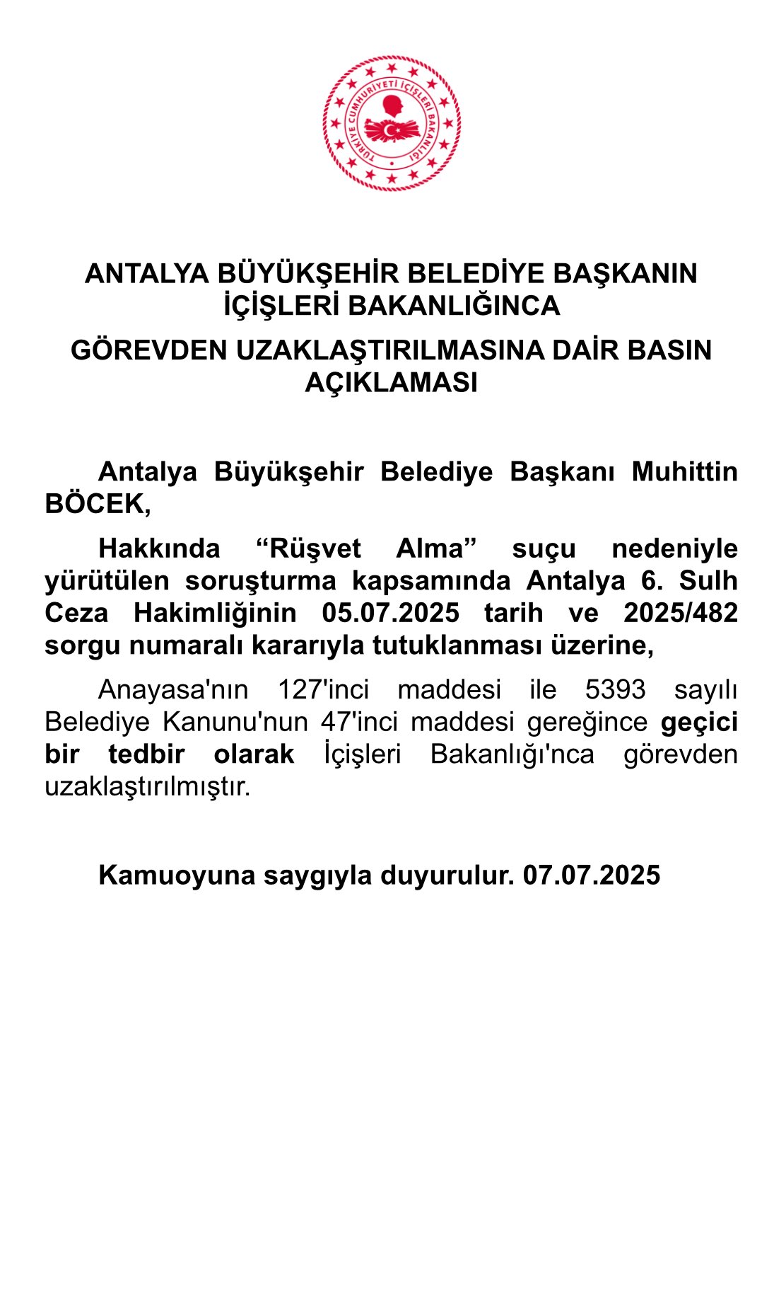 Içişleri Bakanlığı Muhittin Böcek