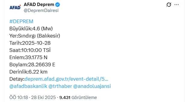 AFAD verilerine göre bugün Sındırgı’da saat 10:10’da 4.6’lık bir deprem daha meydana geldi.
Büyüklük:4.6 (Mw) 
Yer:Sındırgı (Balıkesir) 
Tarih:2025-10-28
Saat:10:10:00 TSİ 
Enlem:39.1775 N
Boylam:28.26639 
E Derinlik:6.22 km