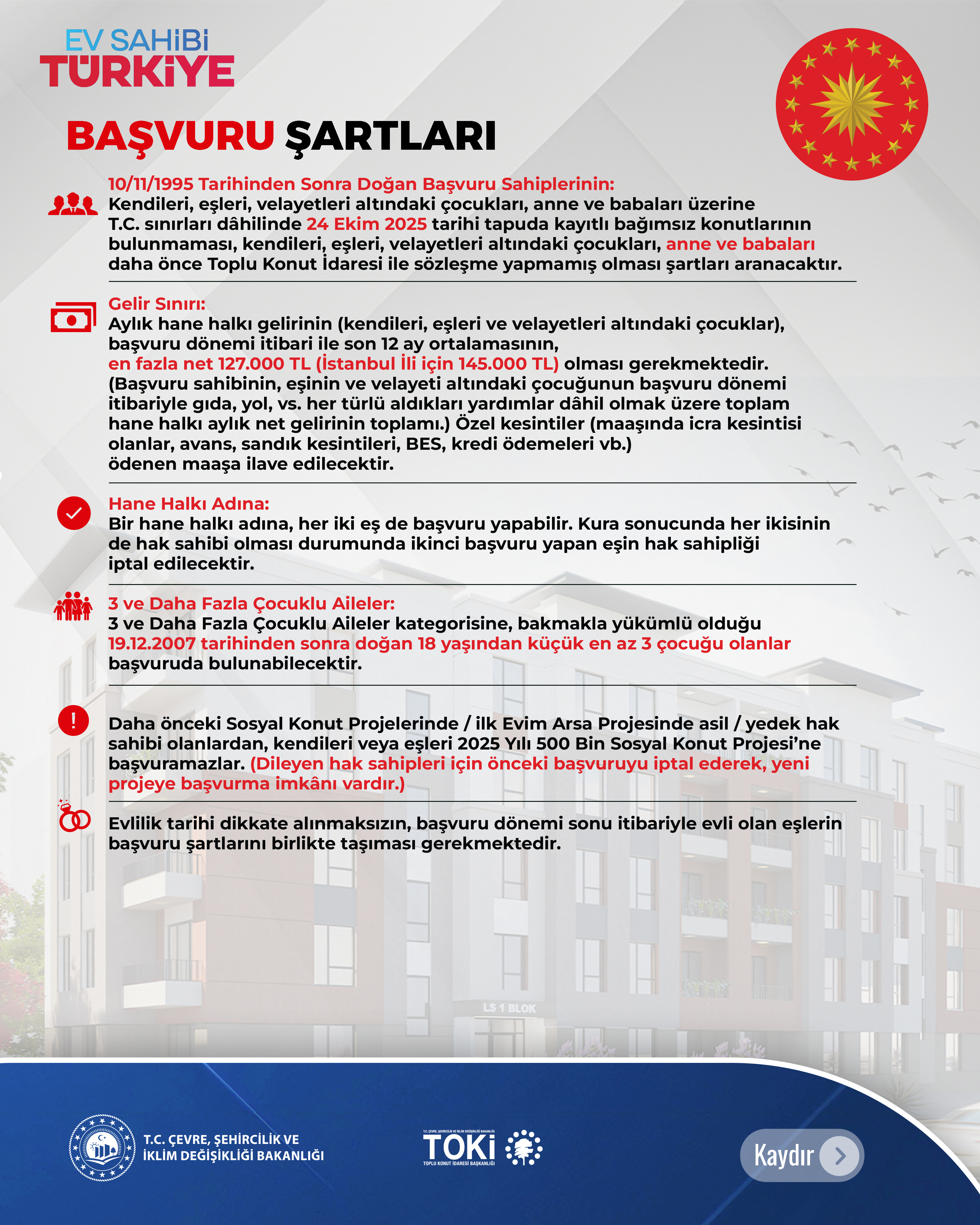 Ev sahibi olmak için heyecan duyan ve bilgi almak için başvuran vatandaşlar Cumhurbaşkanı Erdoğan'a, Türkiye Cumhuriyeti Devleti'ne ve Çevre, Şehircilik ve İklim Değişikliği Bakanı Murat Kurum'a teşekkürlerini ifade etti.
Başvurularda vatandaşlar, "Projenin kendilerini kapsayıp kapsamadığı", "engelli çocuğu olanlara kontenjan ayrılıp ayrılmadığı", "ikamet şartını taşıyıp taşımadığı" ve "evi olmamakla birlikte tarla hissesi olmasının başvurusuna engel olup olmadığı"na ilişkin sorular yöneltti.