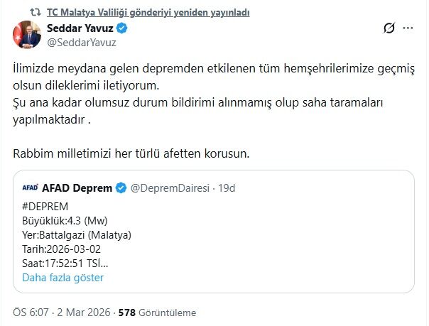 Malatya Valiliği Deprem Sondakika