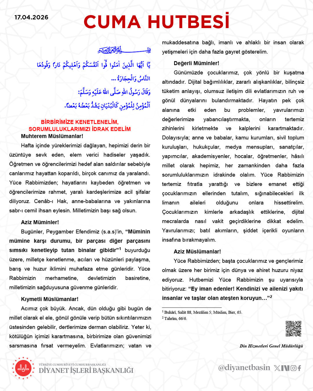 Cuma Hutbesinde Birlik Beraberlik Vurgusu! (17 Nisan 2026)