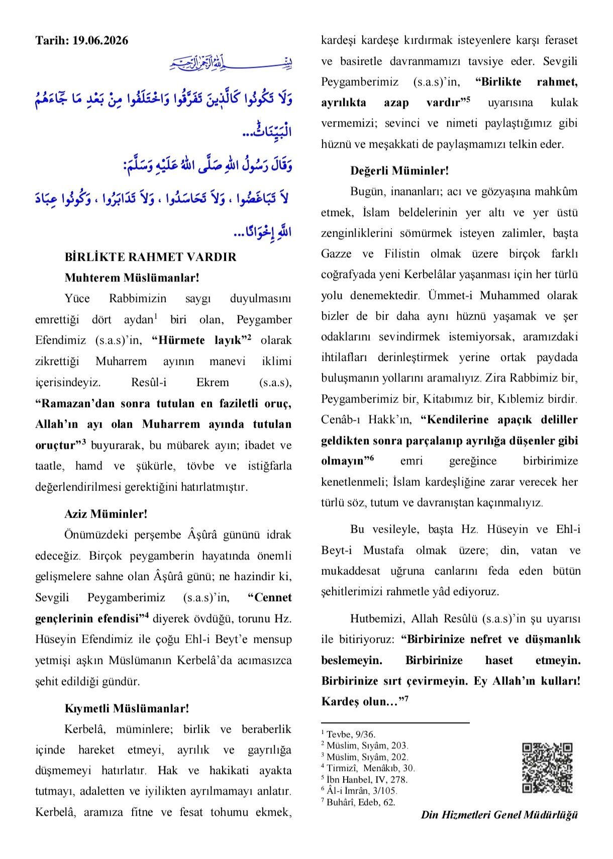 Cuma Hutbesi 19 Haziran 2026 Diyanet