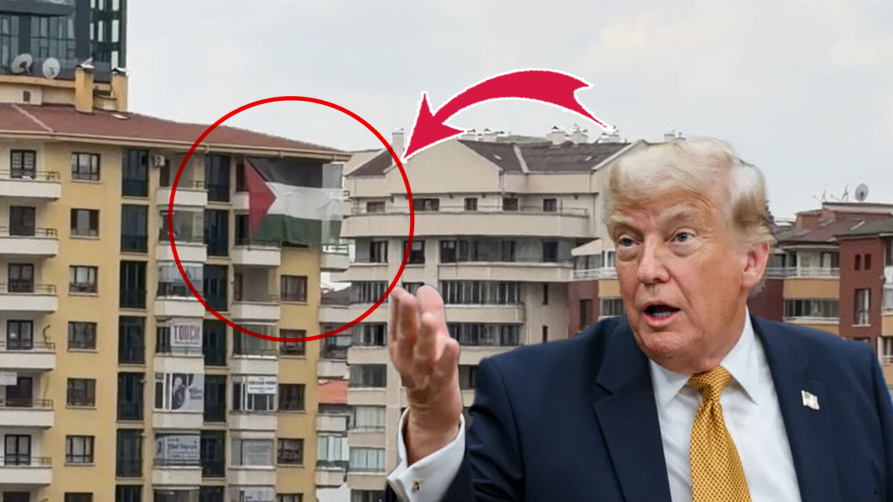 Trump'ın kalacağı otelin karşısına Filistin bayrağı asıldı