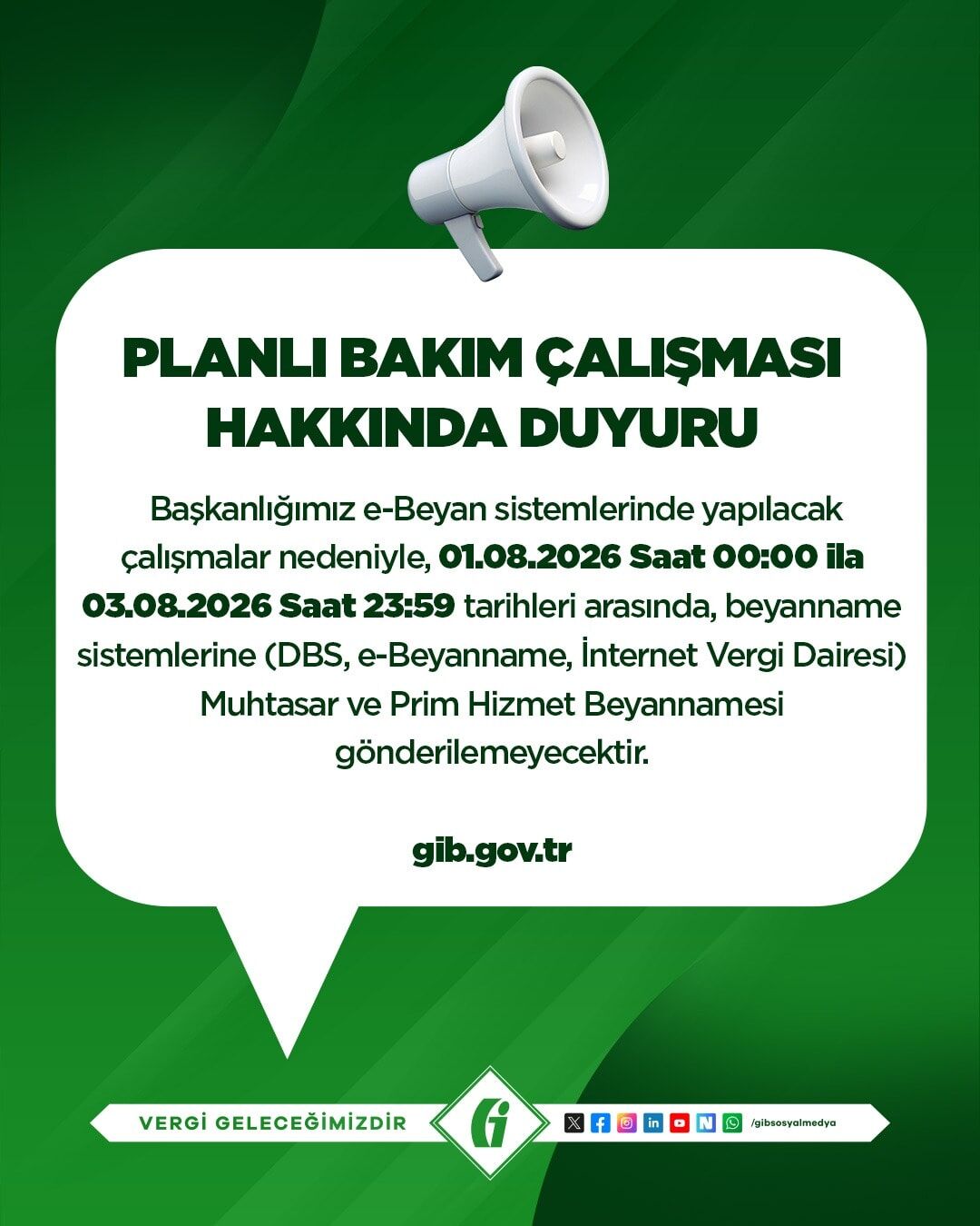 Gelir İdaresi Başkanlığı (Gi̇b), E Beyan Sistemlerinde Gerçekleştirilecek Teknik Çalışmalar Dolayısıyla Mükelleflere Ve Mali Müşavirlere Yönelik Önemli Bir Duyuru Yayımladı. Yapılan Açıklamada, Belirtilen Tarihler Arasınd