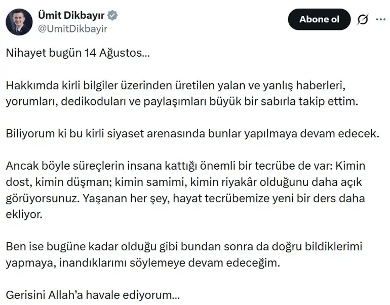 Ümit Dikbayır Ak Parti Açıklama Son Dakika