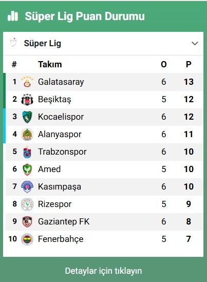 Süper Lig 6.Hafta Puan Durumu